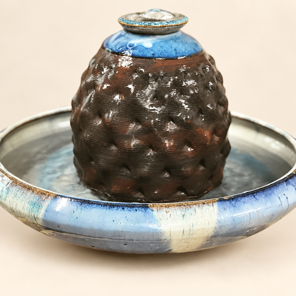 Blue and brown textured lidded vessel in a broad basin