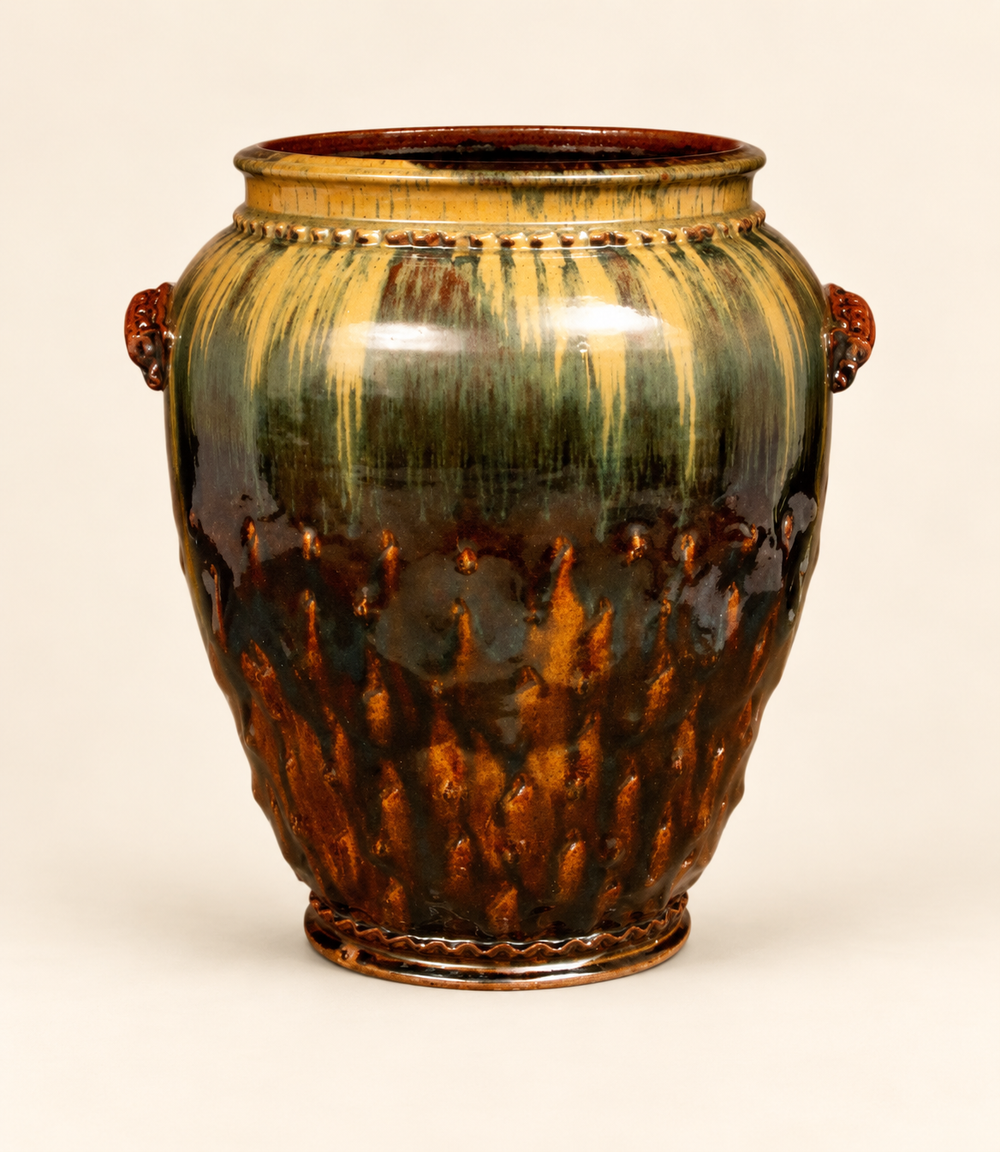 Green and amber glazed jar